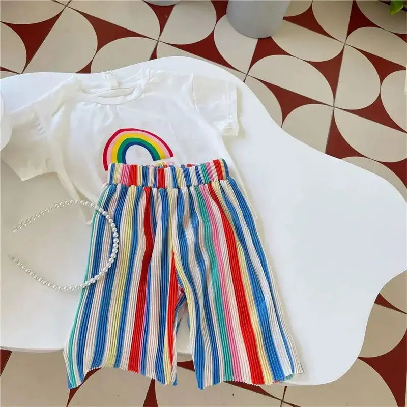 Baby Summer Set Children's Tops and Bottoms Suit New Girls Cute Short-Sleeved T-Shirt Rainbow Pleated Pants Two-Piece 12M-8Y - Lootquake