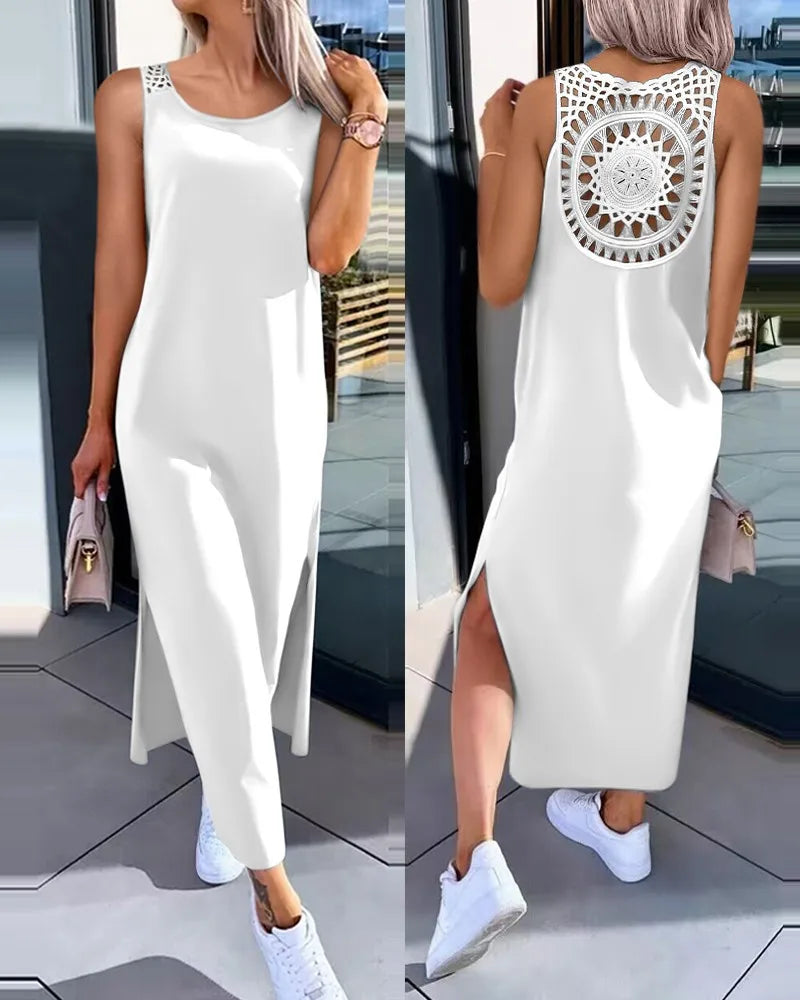 Hollow Out Solid Long Dress Women Fashion Sleeveless O-neck Maxi Dresses For Women 2024 Summer Women's Slim Split Vestidos Black - Lootquake