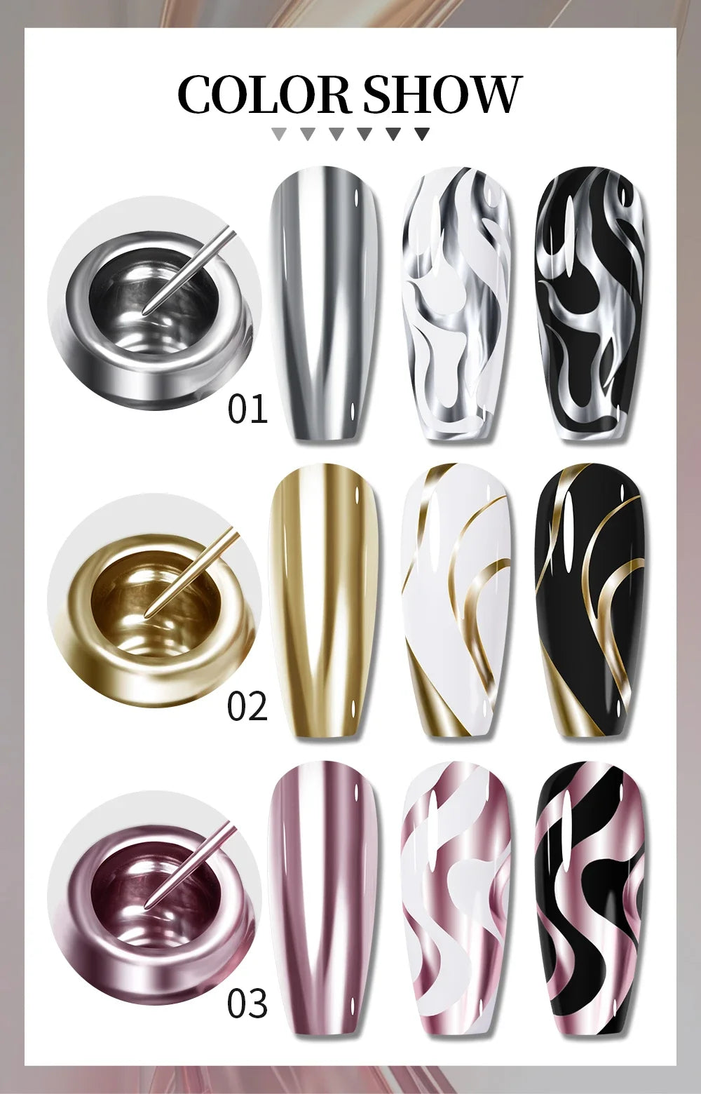 Esmalte de uñas en gel semipermanente, efecto espejo metálico, cromado, superbrillante, francés, UV LED, 5 ml, dorado y plateado.