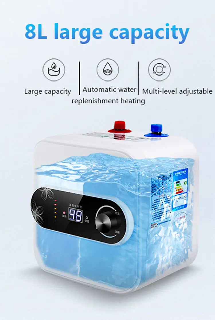 Chauffe-eau électrique instantané à stockage d'eau de 8 L, isolation thermique rapide, affichage numérique, bouton de contrôle du thermostat, entrée d'eau haut/bas