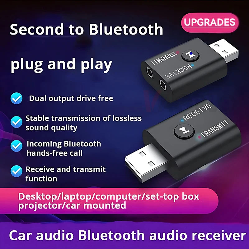 Récepteur-émetteur audio Bluetooth 5.0 2 en 1, adaptateur audio stéréo sans fil 3,5 mm, AUX, USB, avec micro, pour voiture, haut-parleur, TV, PC