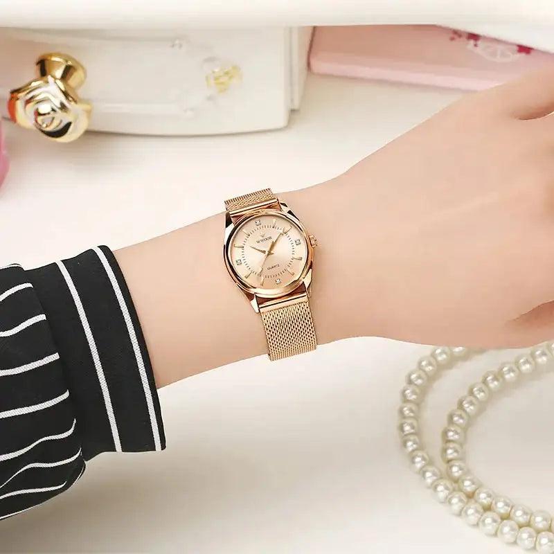 WWOOR 2023 Casual Women Dress Rose Gold Mesh Belt Fashion Diamonds Wristwatch Waterproof Simple Female Quartz Watch Reloj Mujer - Lootquake