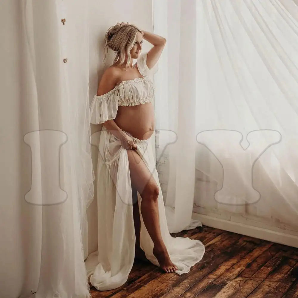 Maternity Dress For Photoshoot Pregnancy Off Shoulder Ruffled Semi Transparent Chiffon Long Dress Photography Dress For Women - Lootquake