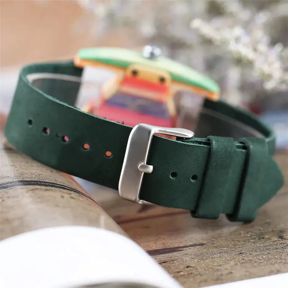 Unique Triangle Women's Wood Watch Creative Colorful Lady Green/ Red Genuine Leather Wristwatch Elegant Womens Watches Top Gifts - Lootquake
