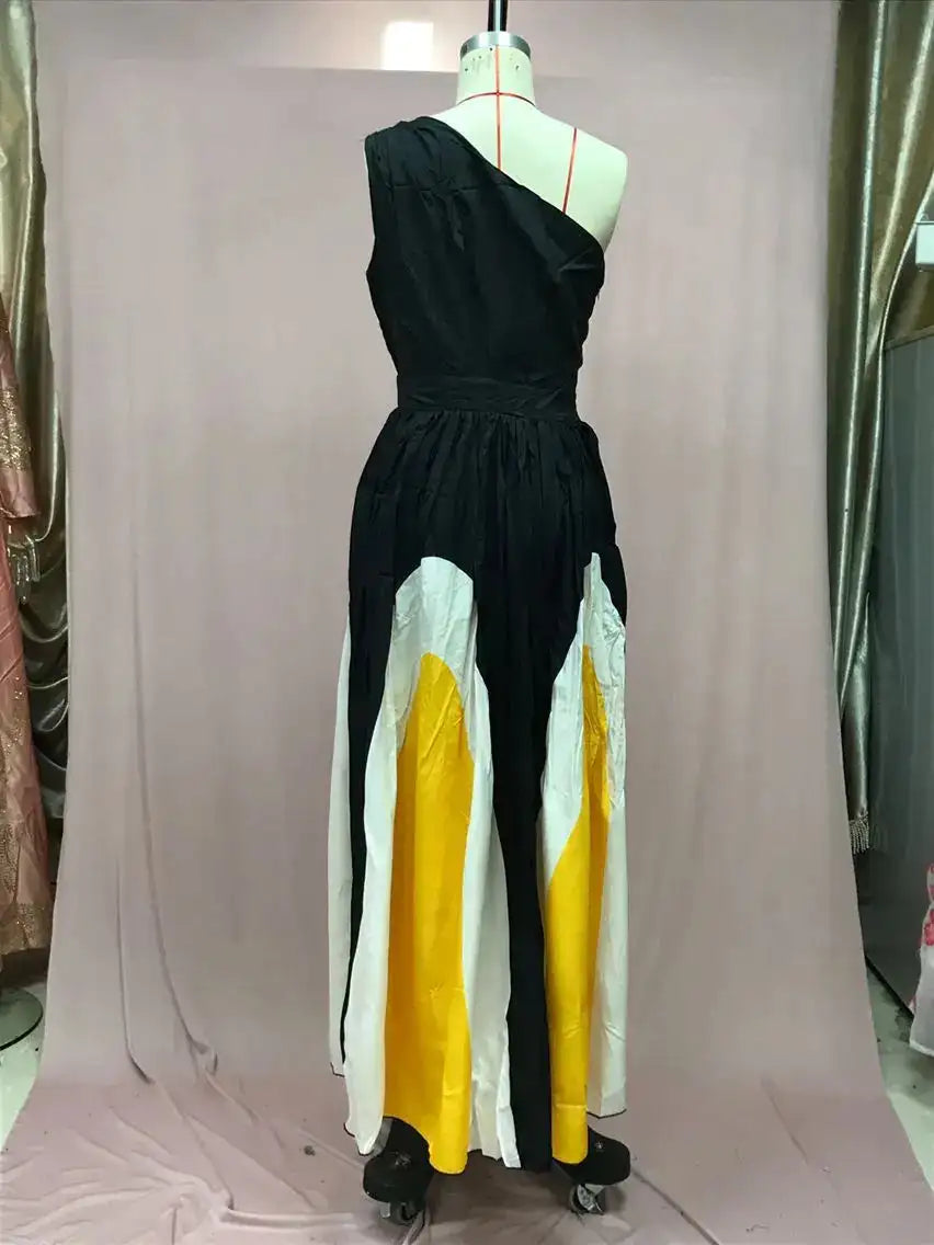 2024 Spring Summer New One Shoulder Dresses Women Splicing Print Off Shoulder Loose Long Dress Fashion Ladies Commuting Vestidos - Lootquake