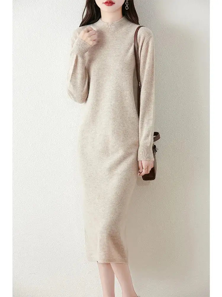 Autumn Winter Women's Wool Long Dress Cashmere Mock Neck Pullover Sweater 100% Merino Wool Soft Knitwear OL Simple Basic Dress - Lootquake