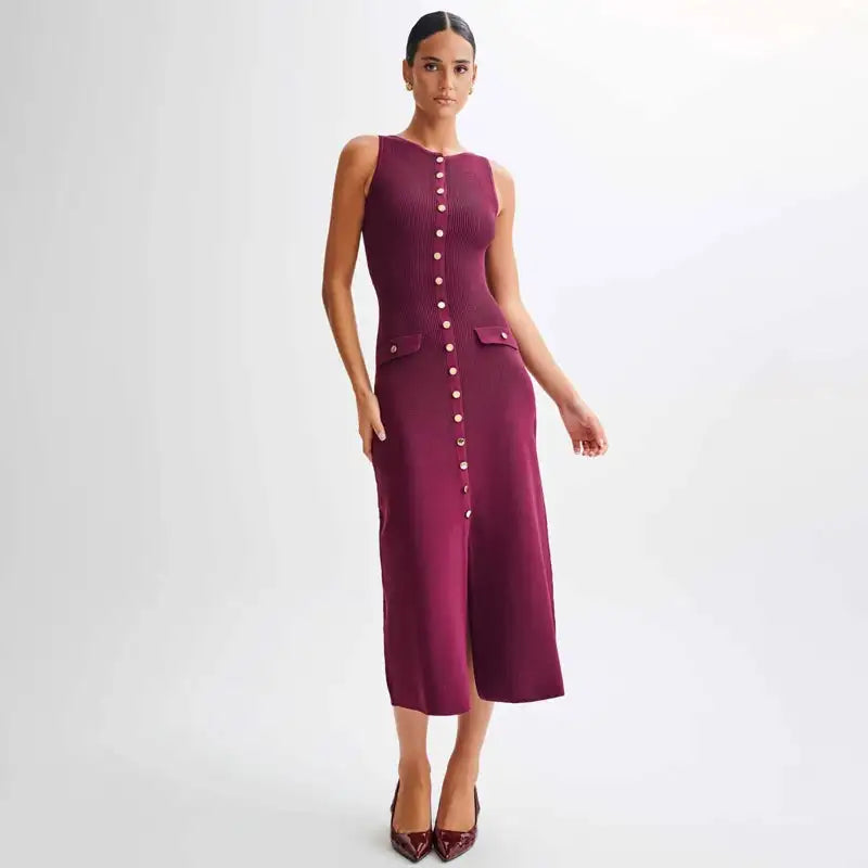 Fashion Knitted Long Dress For Women Elegant Sleeveless Button Maxi Sweater Bodycon Dresses Female Party Fashion Vestidos 2024 N