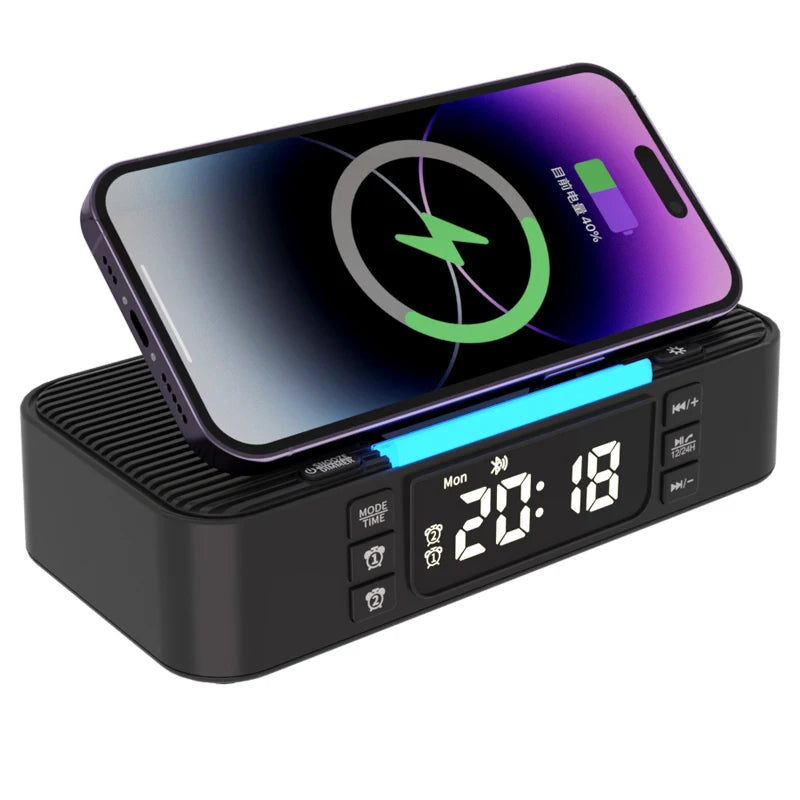 Altavoz Bluetooth portátil con carga inalámbrica, luz ambiental, reloj, función de alarma, altavoz doble, carga USB