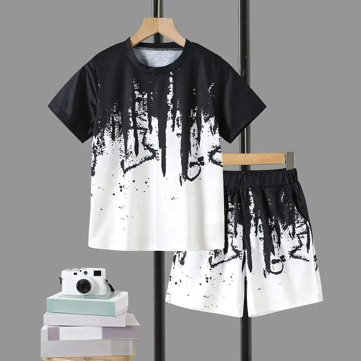 Boys' Summer Set: Cool Black & White Round-neck T-shirt with Slanted Pocket, Paired with Matching Shorts for Casual Play. - Lootquake