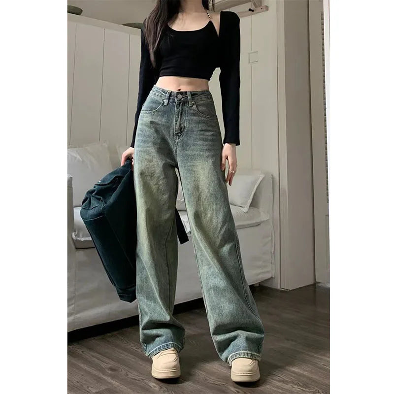 Vintage 90S Baggy Straight Denim Trousers Female Y2K High Waist Loose Wide Leg Jeans Women Streetwear All-Match Casual Pants New - Lootquake