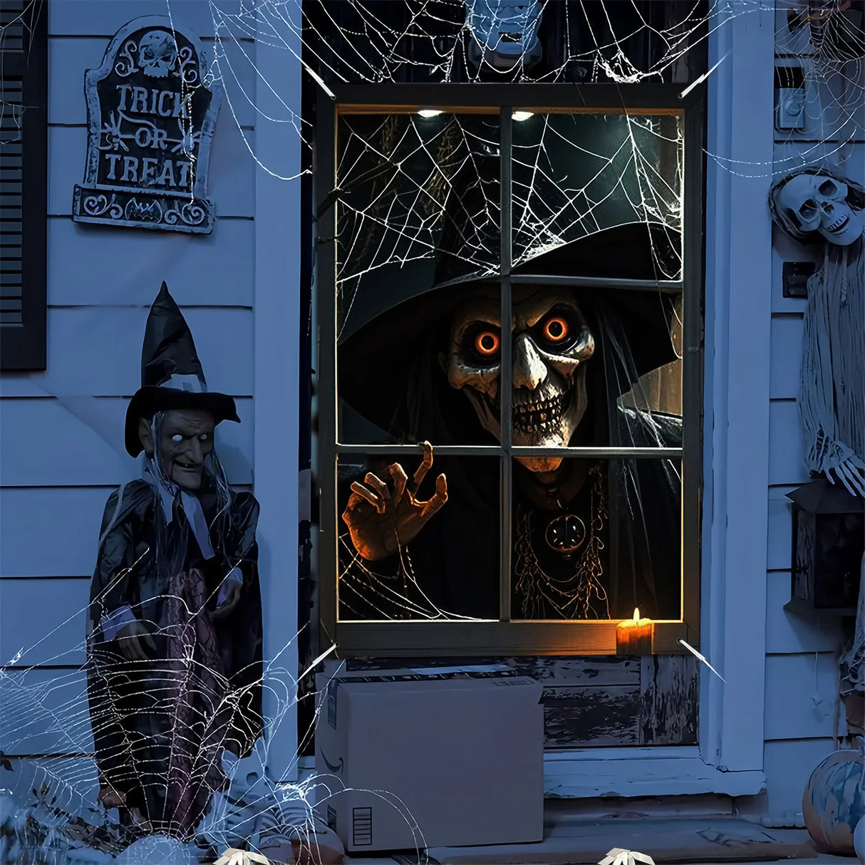 Décoration d'Halloween, 1 pièce, bannière de fenêtre en polyester avec des motifs terrifiants et fantastiques, thème de sorcière maléfique