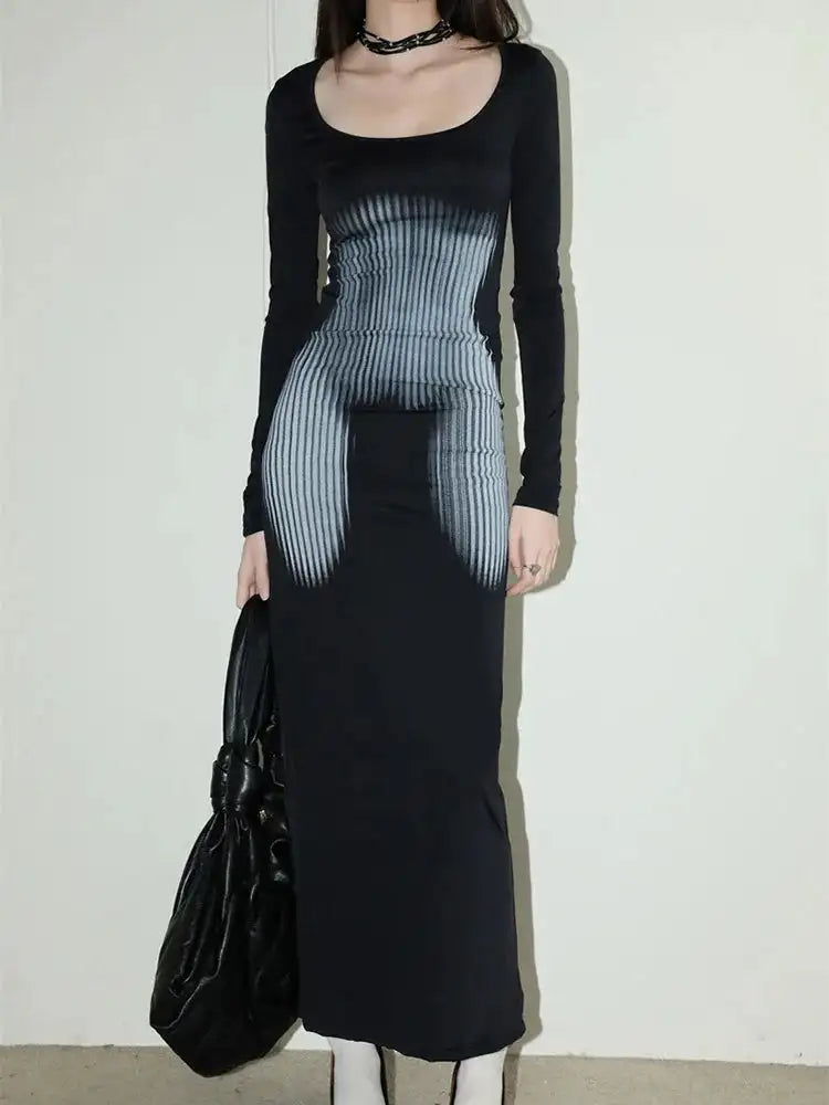 Y2K Sexy Long Sleeved Print Design Long Dress Elegant Slim Square Necked Dress Woman Street Style Wrapped Hip Skirt - Lootquake