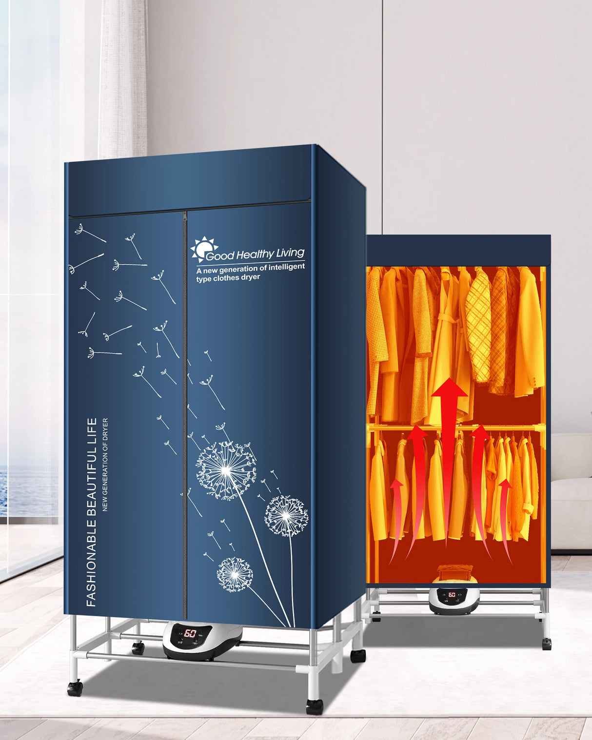 Séchoir à linge électrique portable, étendoir chauffant 220 V-1500 W, avec minuterie, sèche-linge électrique