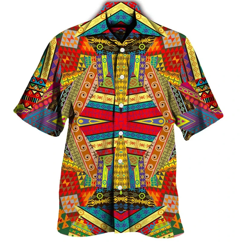 Colourful Bohemia African Graphic Shirts For Men Clothing Fashion Mens Short Sleeve Casual Y2k Lapel Blouse Summer Beach Tops - Lootquake