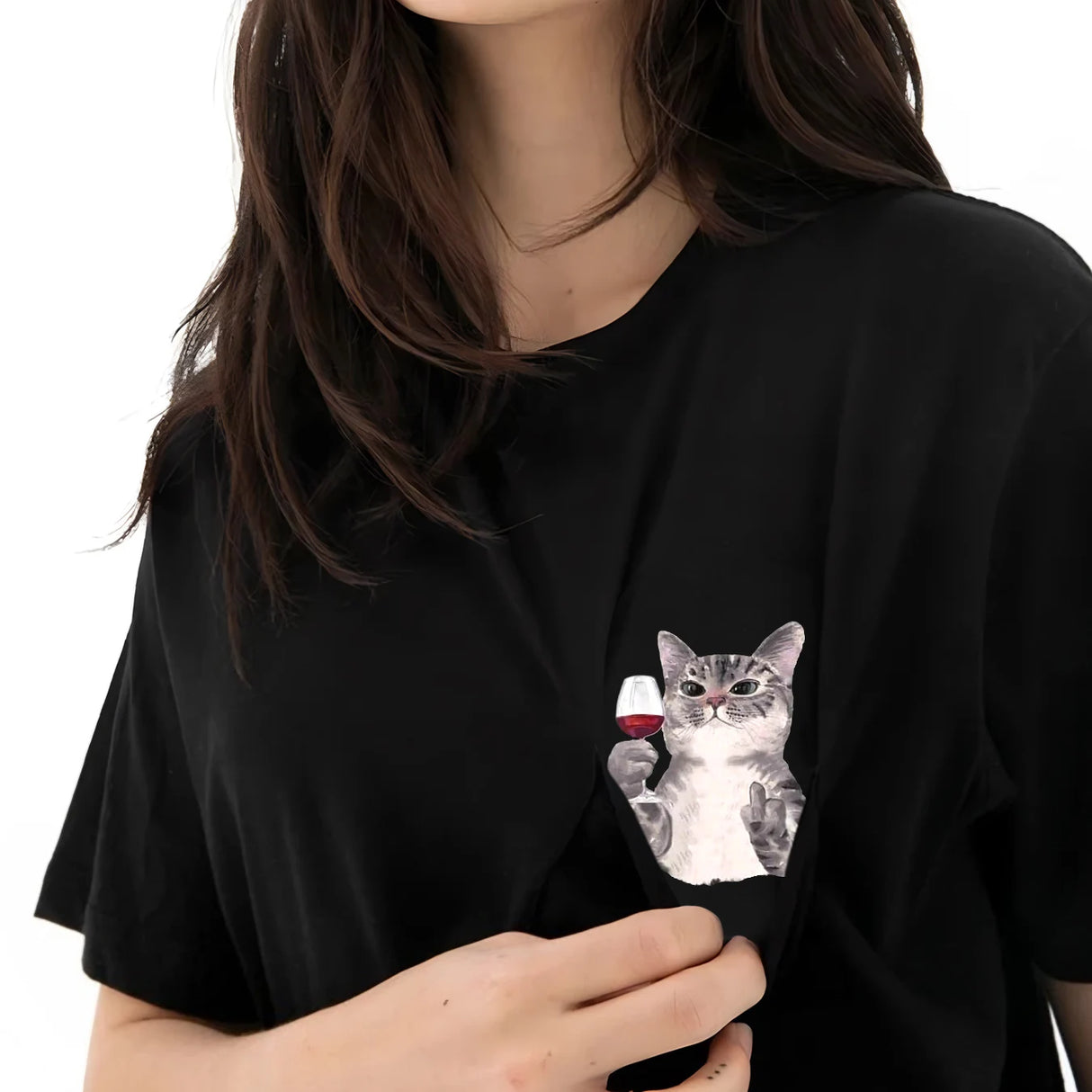 CLOOCL Cotton T-Shirt Red Wine Cat Middle Finger Pattern Printed T-shirt Men's for Women Shirts Casual Pocket Tops Cotton Tees - Lootquake