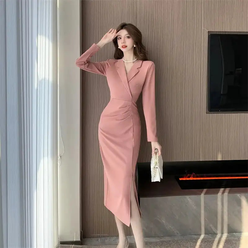Women Pink Pleated Bodycon Formal Long Dress Autumn Winter Long Sleeve Chic Suit Dress 2025 Korean Fashion Elegant Party Dresses - Lootquake