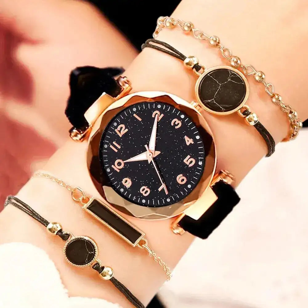 5pcs Set Womens Watches Set Ladies Fashion Watch Black Female New Simple Casual Womens Analog WristWatch Bracelet Gift No Box - Lootquake
