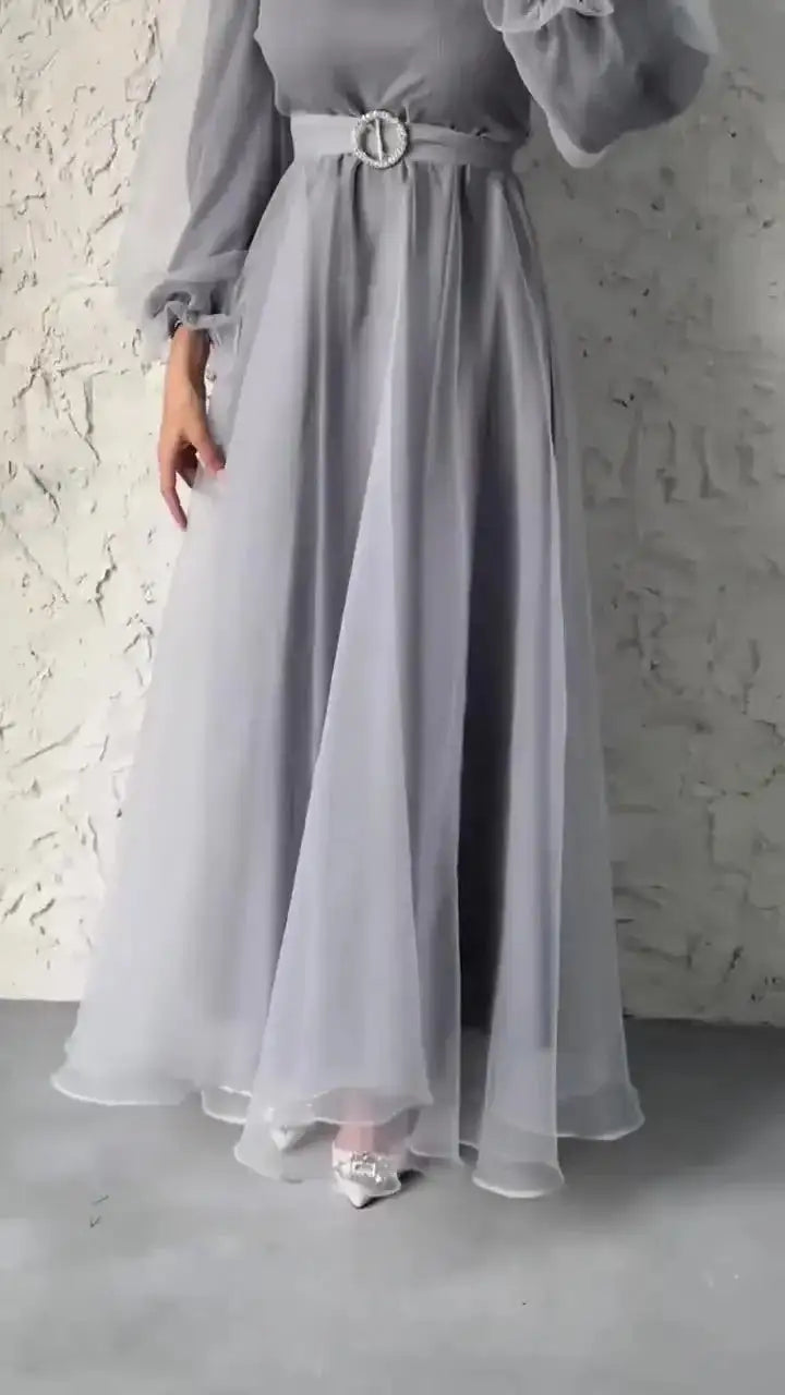 Spring Elegant Mesh Dress Muslim Women Fashion Solid High Waist Mesh Lantern Sleeves Long Dress Women - Lootquake