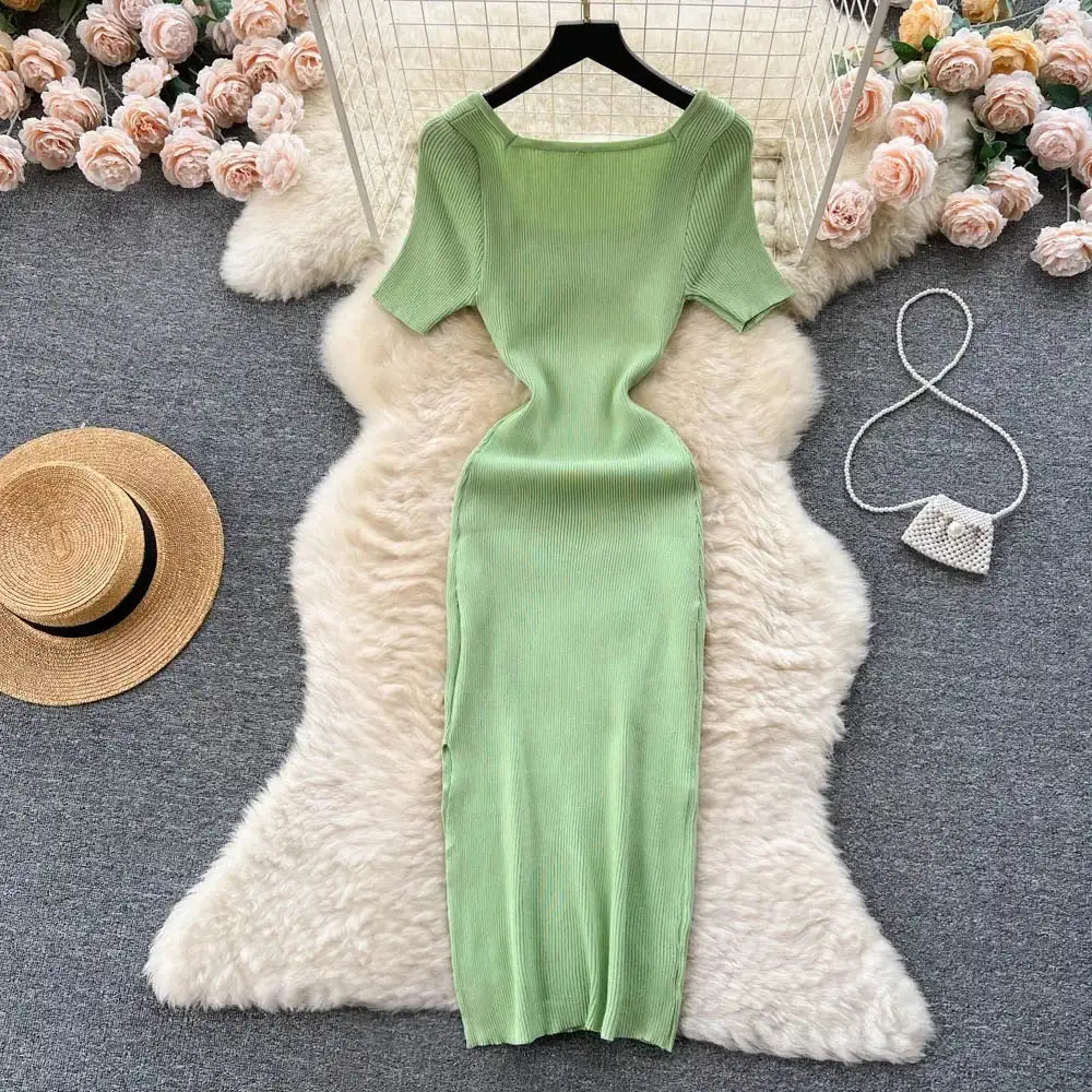 Green 2024 Sexy Summer Knit Short Sleeve Dress Women Squar Collar Waist Bodycon Sundress Female Beach Backless Long Dress - Lootquake