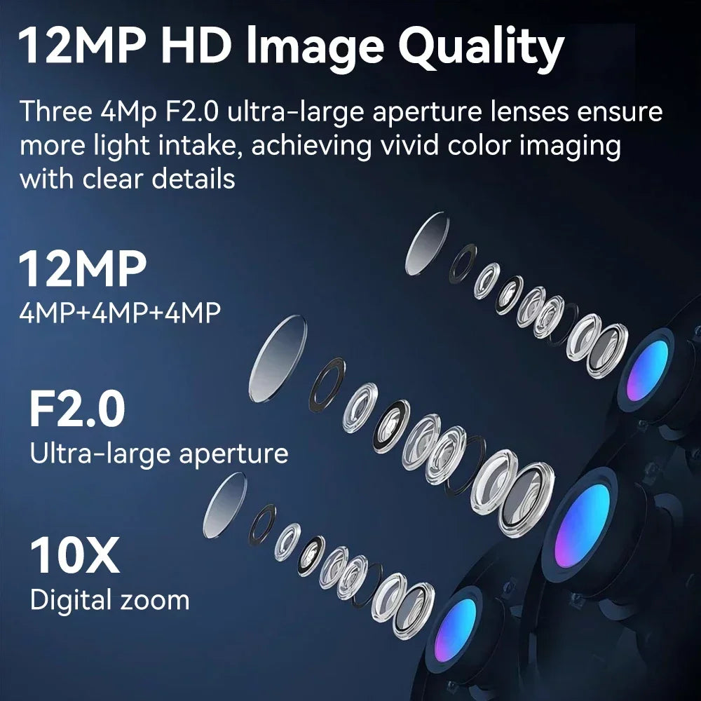 Cámara WiFi para exteriores 6K de 12 MP, tres pantallas, tres lentes, zoom 10X, PTZ, seguimiento automático, alarma visual audible, cámara de seguridad