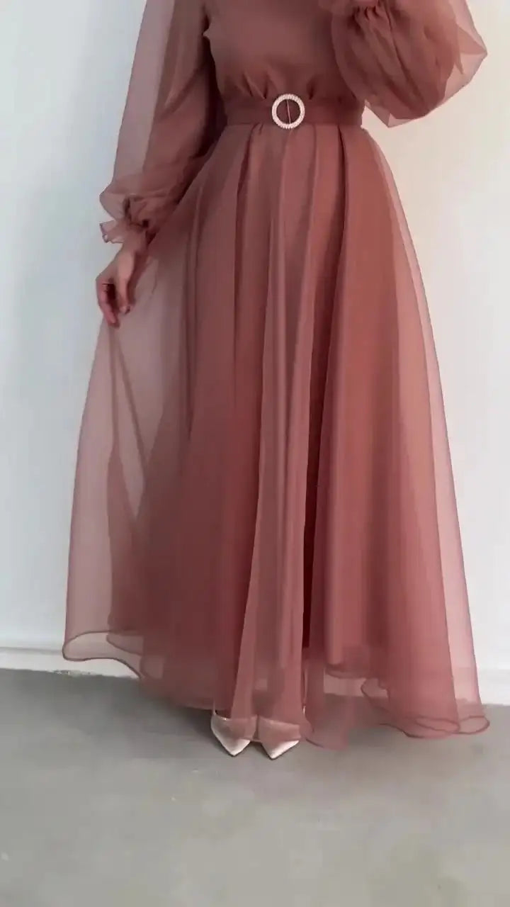 Spring Elegant Mesh Dress Muslim Women Fashion Solid High Waist Mesh Lantern Sleeves Long Dress Women - Lootquake