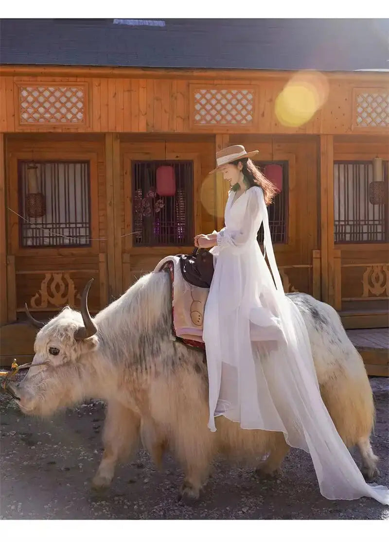 2025 Spring/Summer Silk Dress with Charm Seaside Vacation Beach Dress Red Extra Long Tailed Long Dress White Elegant And Gracefu - Lootquake