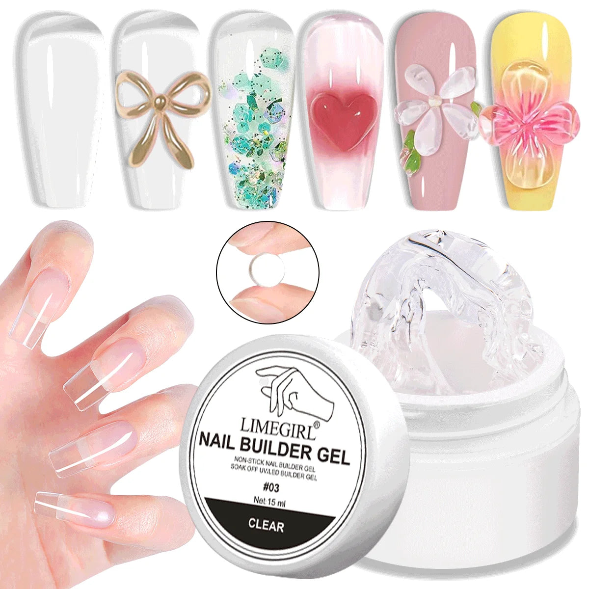 LIMEGIRL 15 g Gel d'extension d'ongles solide Gel UV antiadhésif pour photothérapie des mains Gel de construction rapide Conseils d'ongles Nail Art Gel de prolongation des ongles