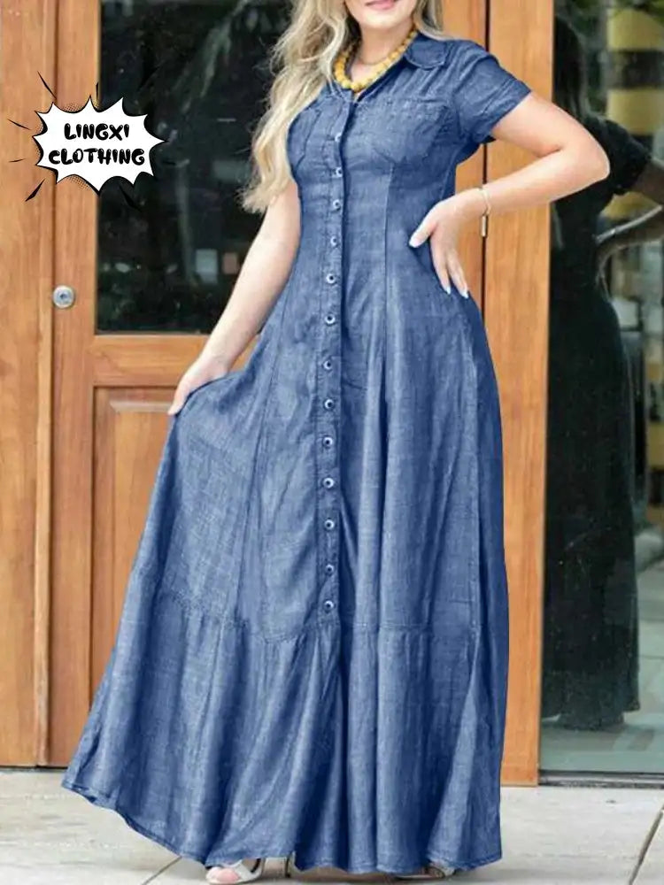 2023 Fashion New Long Dress Shirt Neck Pocket Large Swing Dress Casual Elegant Temperament Single Breasted Denim Dress - Lootquake