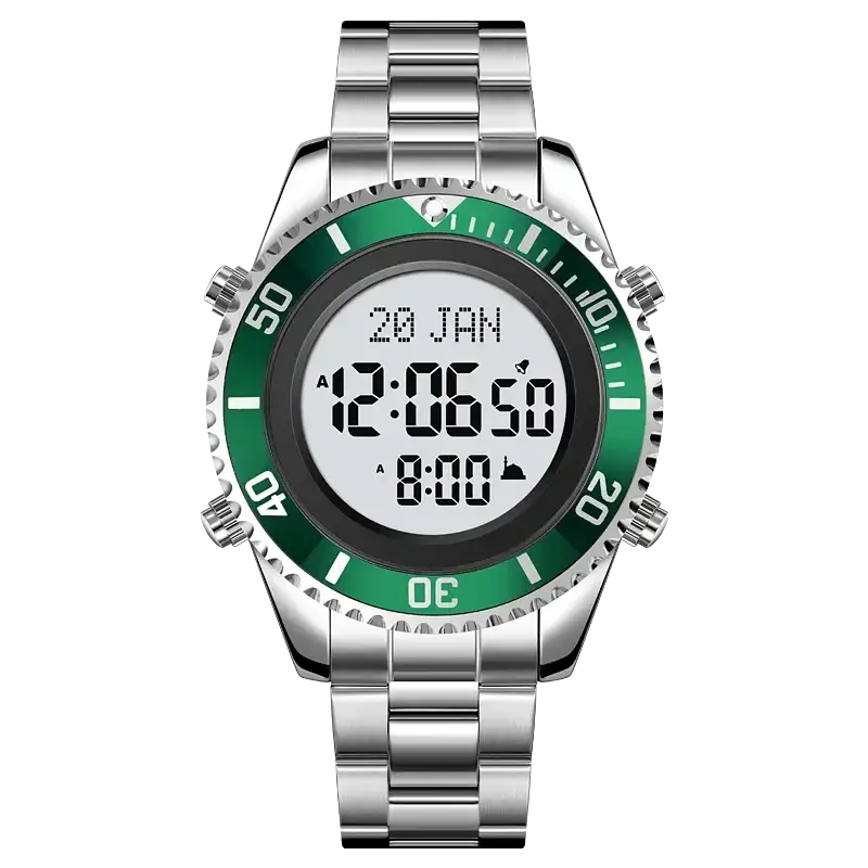 Reloj digital SKMEI 2141 de acero inoxidable con brújula para oración musulmana, alarma Adhan, Hijri, islámico, con luz de fondo