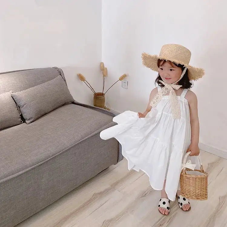 Girls Cotton Solid White Dress Ruffles Kids Strap Dress Summer Sleeveless Toddler Baby Long Dress Girl Clothes 1-6Y Kleid/robe - Lootquake