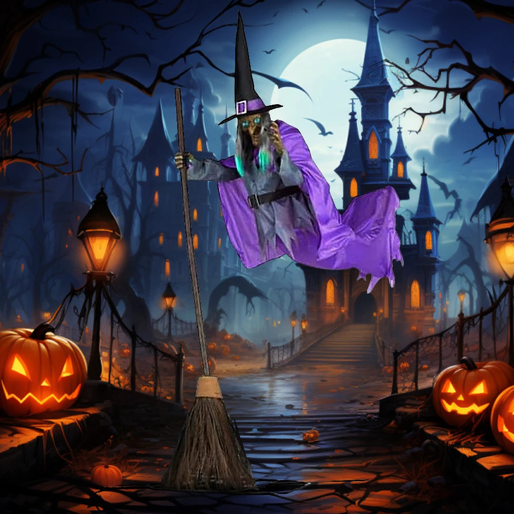 Accessoires d'Halloween avec sons et lumières terrifiants, costumes amusants, balai de sorcière volant et effrayant, décoration de sorcier pour jardin, cour, pelouse, intérieur