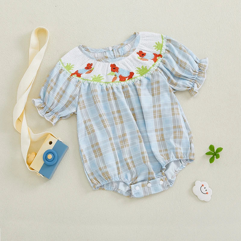 Adorable Infant Easter Jumpsuit with Sweet Bunny Embroidery and Smocked Detailing - Stylish Short Sleeve Baby Girl Outfit for - Lootquake