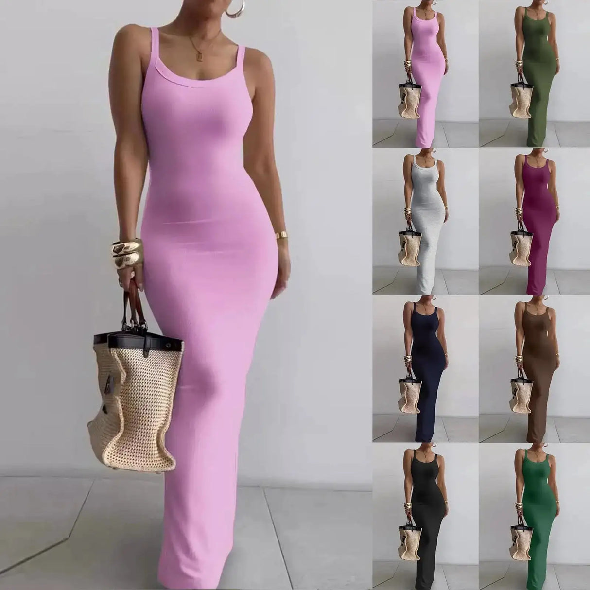 Women's Bodycon Maxi Dress Summer Sleeveless Long Dress For Beach Holiday Vacation Robes Femmes Solid Color Slim Fit Dresses - Lootquake