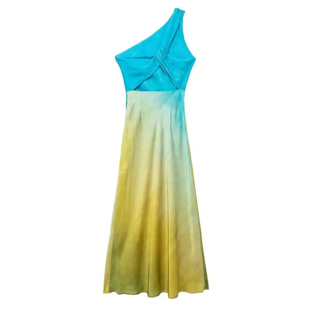 Gradient Long Dress Women Elegant One Shoulder Sleeveless Party Dress Female 2024 Summer Backless Tie-dye Lady Mermaid Robe - Lootquake