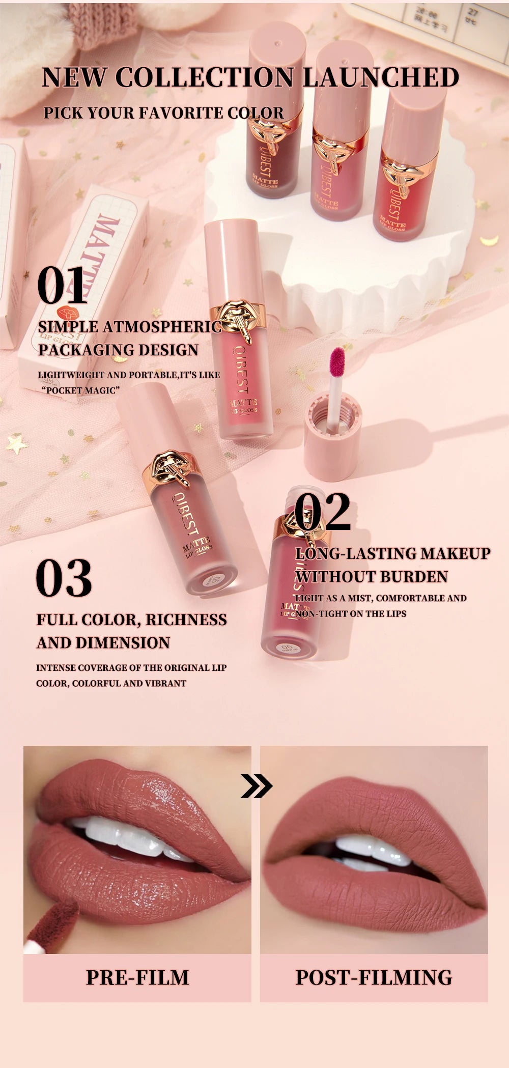 QIBEST 10 Couleurs Nude Mat Rouge à Lèvres Liquide Brillant à Lèvres Soyeux Imperméable Coupe Antiadhésive Teinte à Lèvres Rouge Violet Longue Durée Maquillage Durable