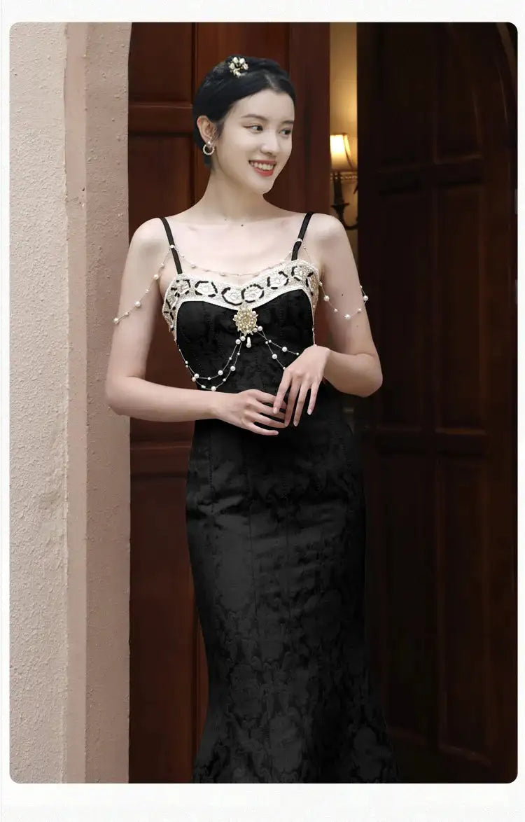 Summer Women Gorgeous Party Mermaid Prom Dress Spaghetti Strap Pearl Beading Ruffles Dress Feminine Backless Trumpet Long Dress - Lootquake