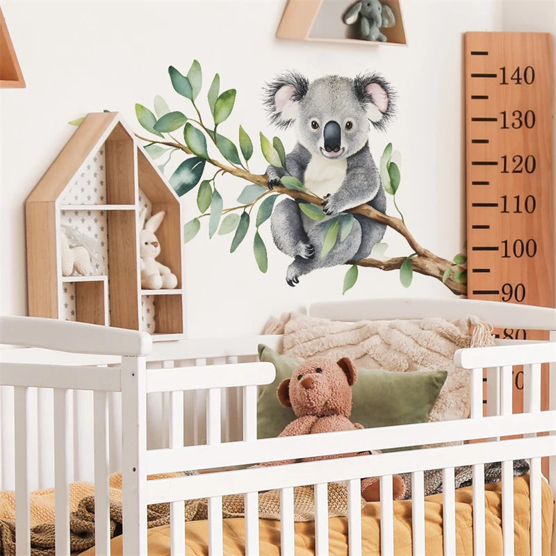 Pegatinas de pared de dibujos animados de koala trepando ramas de árboles, decoración de pared para habitación infantil, guardería, papel tapiz de PVC