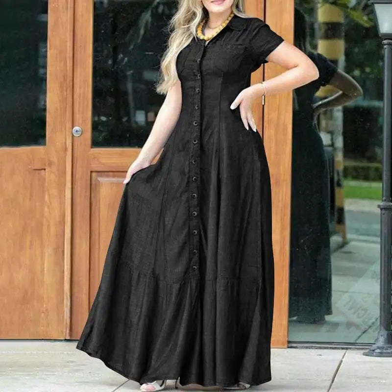 2023 Fashion New Long Dress Shirt Neck Pocket Large Swing Dress Casual Elegant Temperament Single Breasted Denim Dress - Lootquake