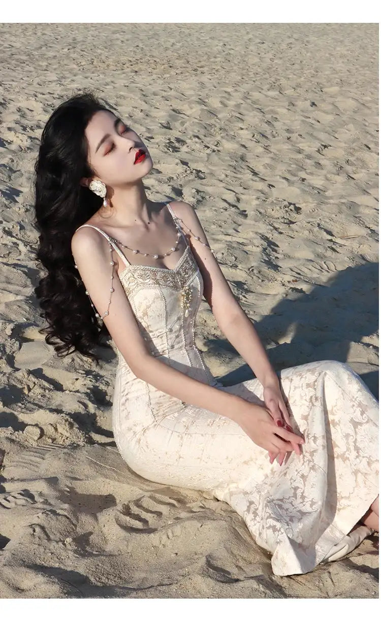 Summer Women Gorgeous Party Mermaid Prom Dress Spaghetti Strap Pearl Beading Ruffles Dress Feminine Backless Trumpet Long Dress - Lootquake