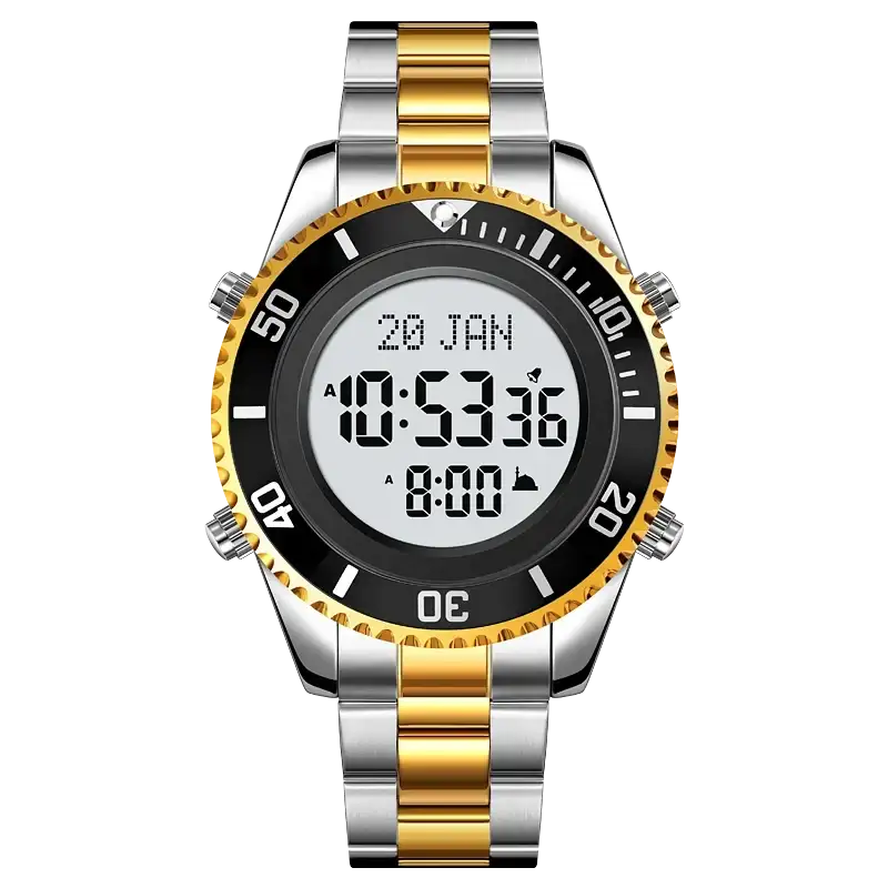 Reloj digital SKMEI 2141 de acero inoxidable con brújula para oración musulmana, alarma Adhan, Hijri, islámico, con luz de fondo