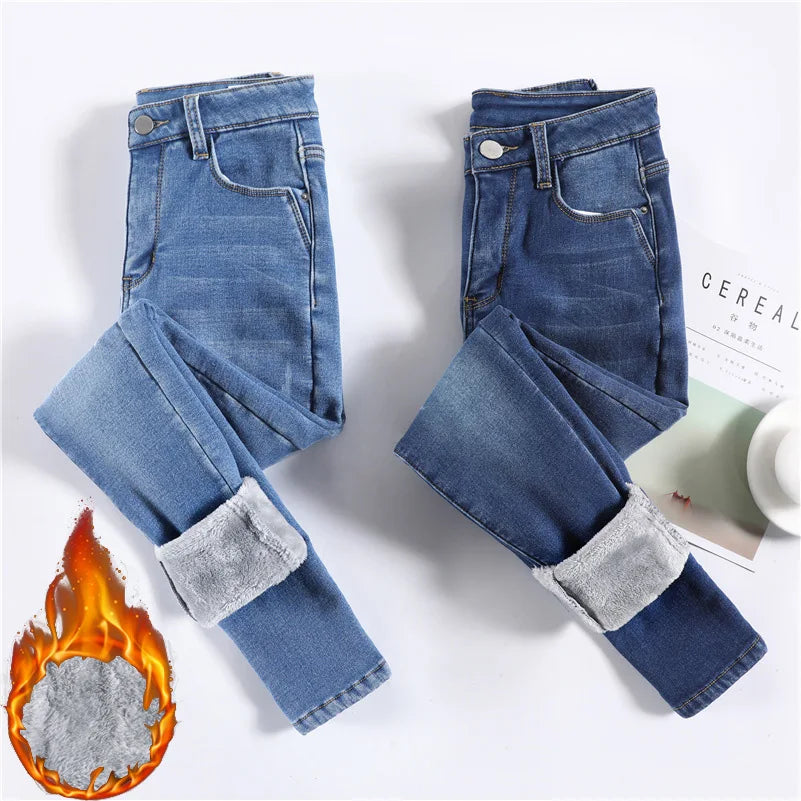 Women Thermal Jeans Winter Snow Warm Plush Stretch Jeans Lady Skinny Thicken Fleece Denim Long Pants Retro Blue Pencil Trousers - Lootquake