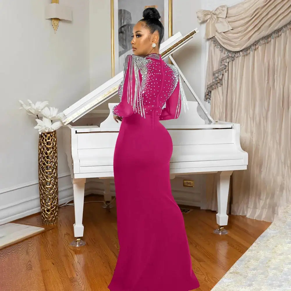 CM.YAYA Women Mesh See Through Long Sleeve Diamonds Hot Rhinestones Mermaid Long Dress Fall Evening Sexy Party Dresses Vestidos - Lootquake