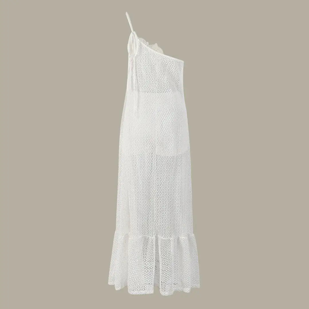 Sexy 3D Flower Long Dress Women 2024 Summer Semi-sheer Party Dresses Elegant Slim One Shoulder Maxi Vestidos Holiday Beach Robe - Lootquake