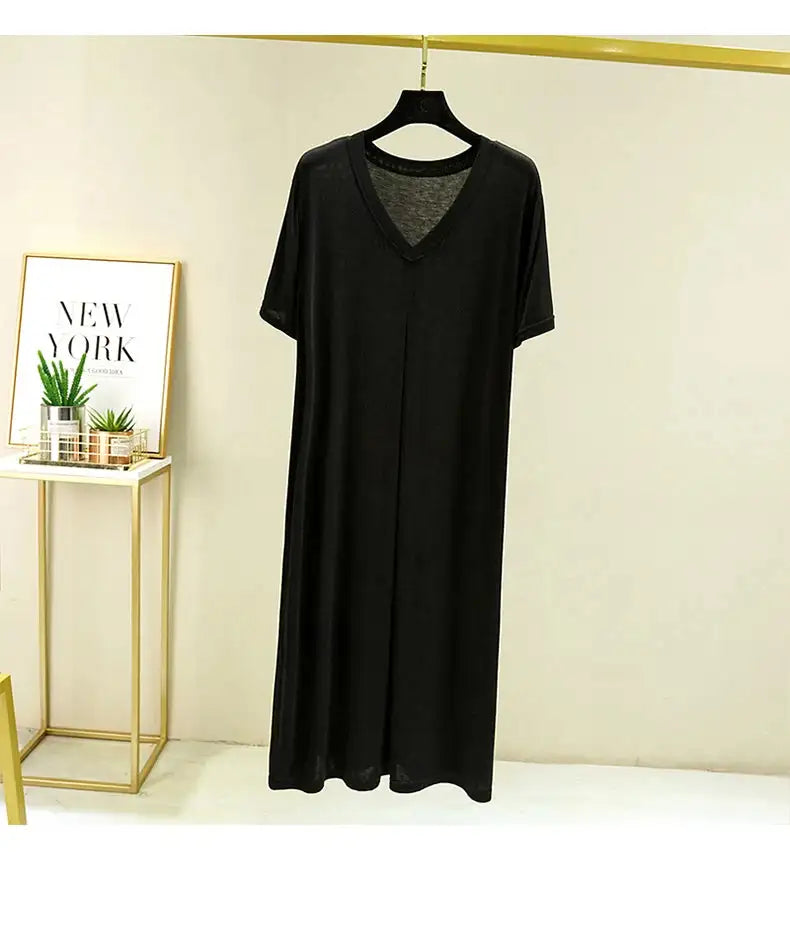 Modal Cotton Short Sleeved Nightdress for Women's Summer Casual Home Sleepwear V-neck Pleated Oversized Loose Hem Mid-Long Dress - Lootquake