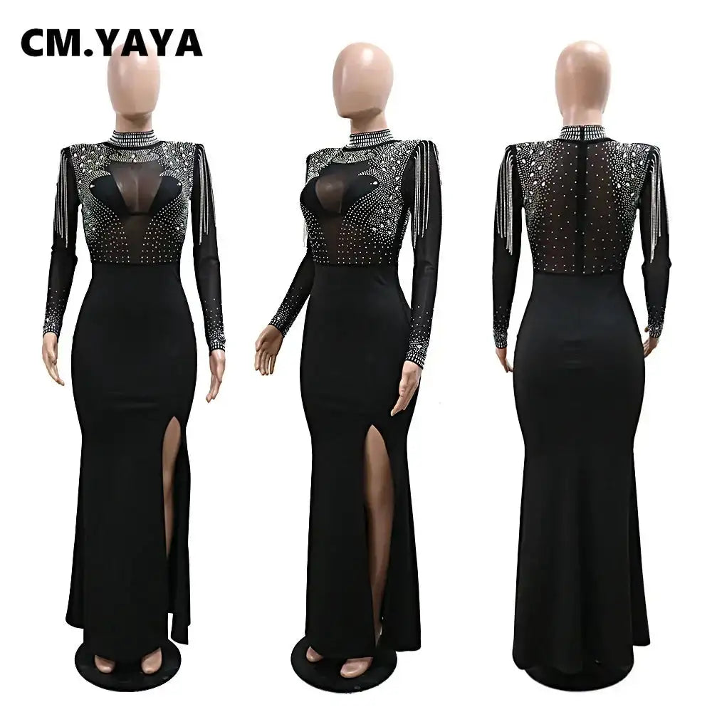 CM.YAYA Women Mesh See Through Long Sleeve Diamonds Hot Rhinestones Mermaid Long Dress Fall Evening Sexy Party Dresses Vestidos - Lootquake