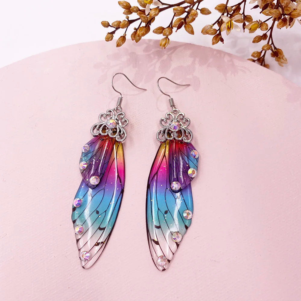 Boucles d'oreilles en forme d'ailes de fée faites à la main, en forme d'ailes de papillon, d'insectes, en forme de goutte, en feuille de strass, bijoux de mariée romantiques