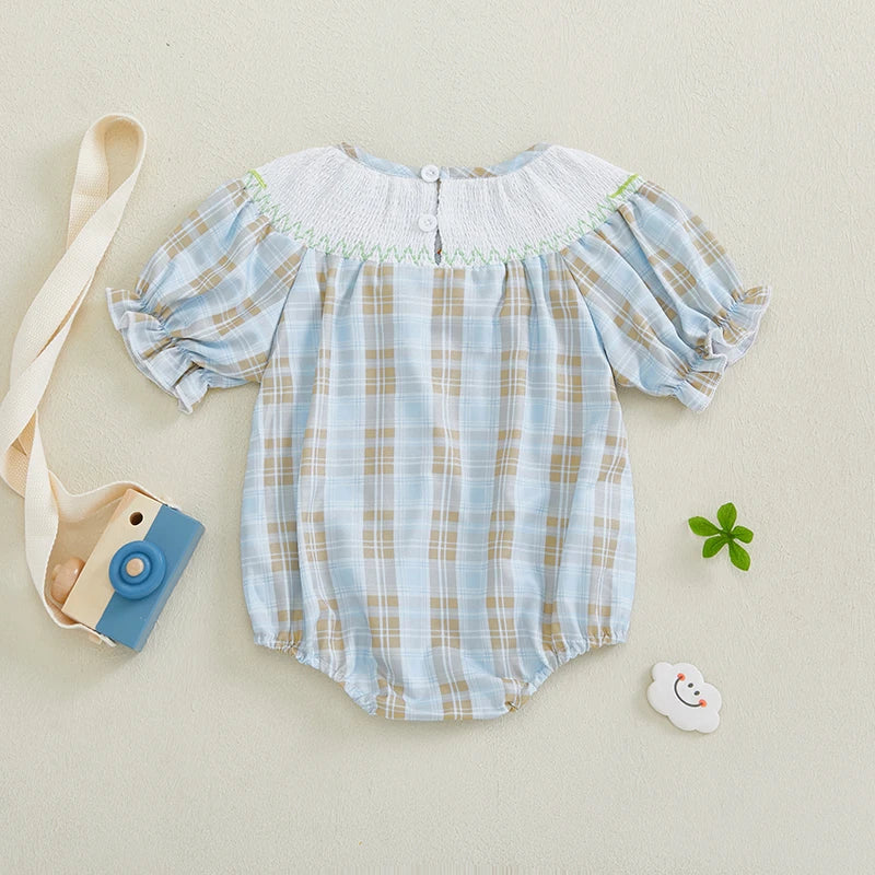 Adorable Infant Easter Jumpsuit with Sweet Bunny Embroidery and Smocked Detailing - Stylish Short Sleeve Baby Girl Outfit for - Lootquake