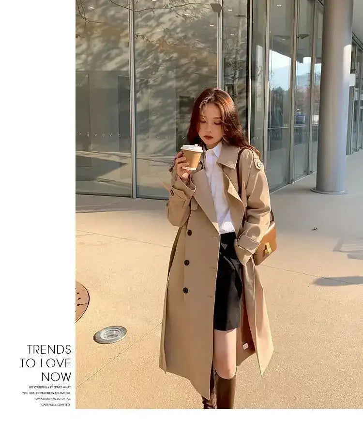 Streetwear Loose Trench Coat Midi Length Fashion Korean Elegant Khaki Black Women's Windbreaker Coat Casual Double Breasted Tops - Lootquake