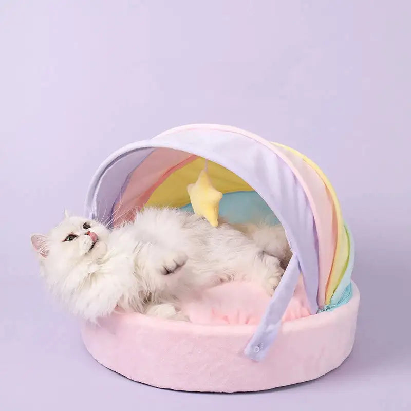 Cat House Bed Cute Cat Bed Rainbow Tent Pet Dog Sleeping Pad Winter Warm Deep Sleep Cat Nest Comfortable Breathable Cat House - Lootquake
