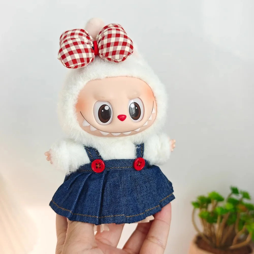 Labubu Doll Clothes & Accessories Denim Skirt With Red Bow Headband Set Trendy Outfits for Labubu Collectibles - Lootquake